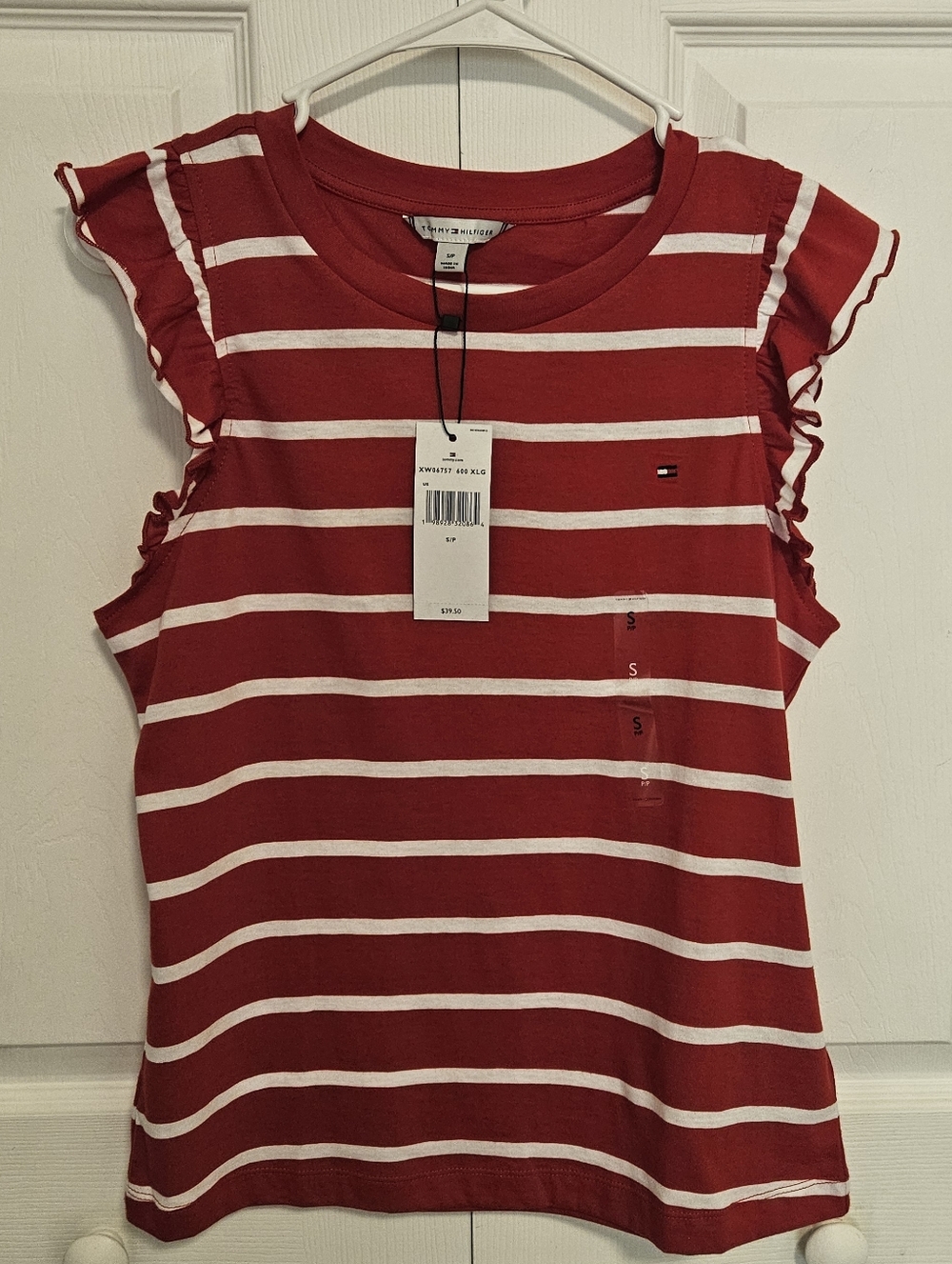 Tommy Hilfiger Red and White Striped Ruffle Flutter Sleeve Shirt Women's Size S